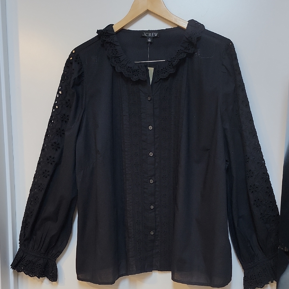 J. Crew Black Eyelet Lace-Trim Button Front Blouse